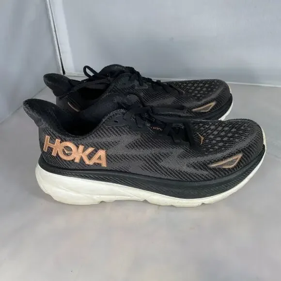 Hoka One One Clifton 9 Womens Black Rose Gold Athletic Running Shoes - Picture 1 of 4